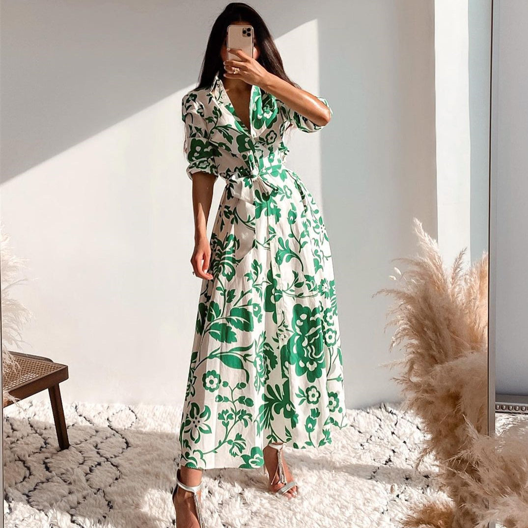 Green Collar Long Sleeve Floral Midi Dress Femmefinery.store