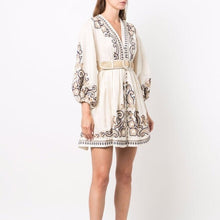 Load image into Gallery viewer, Beige Print V-neck Long Sleeve Mini Dress
