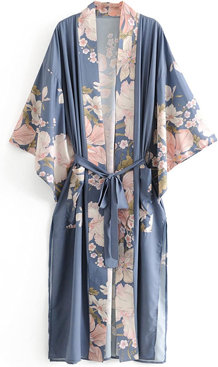 Boho Floral Peacock Print Kimono Long Robe Cover Ups