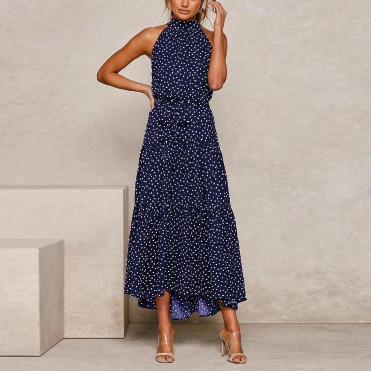 Blue Polka Dots Sleeveless Midi Dress